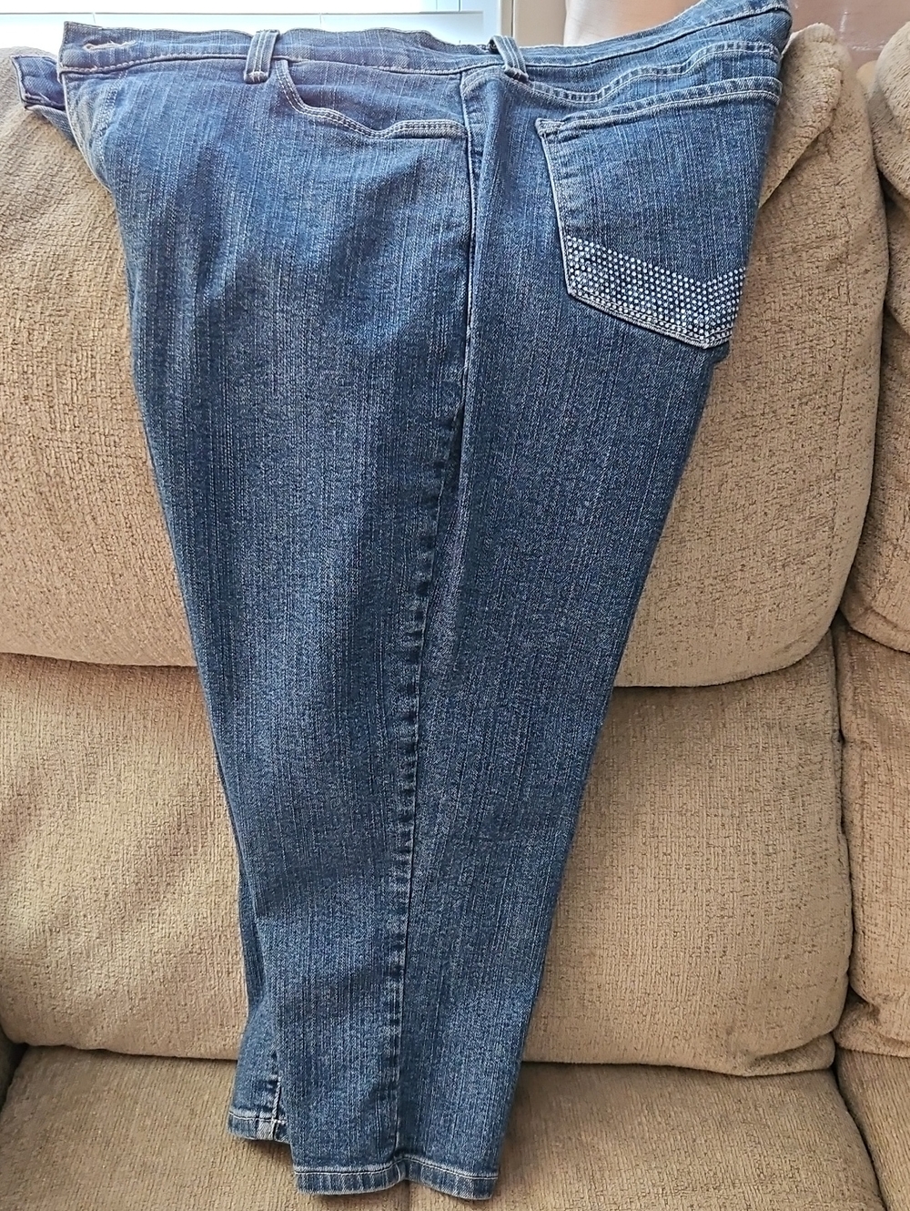 NYDJ Straight Leg Medium-Dark Blue Jeans with Rhinestone Pocket Accent
